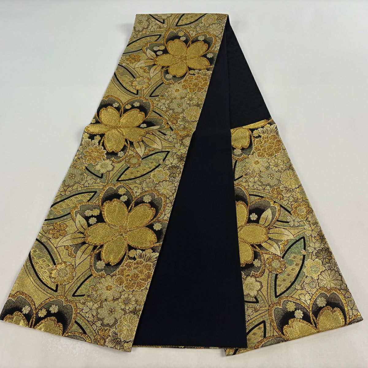 【美品】 袋帶 秀品級櫻花 菊花花 金金箔 金線 金 六通 純蠶絲