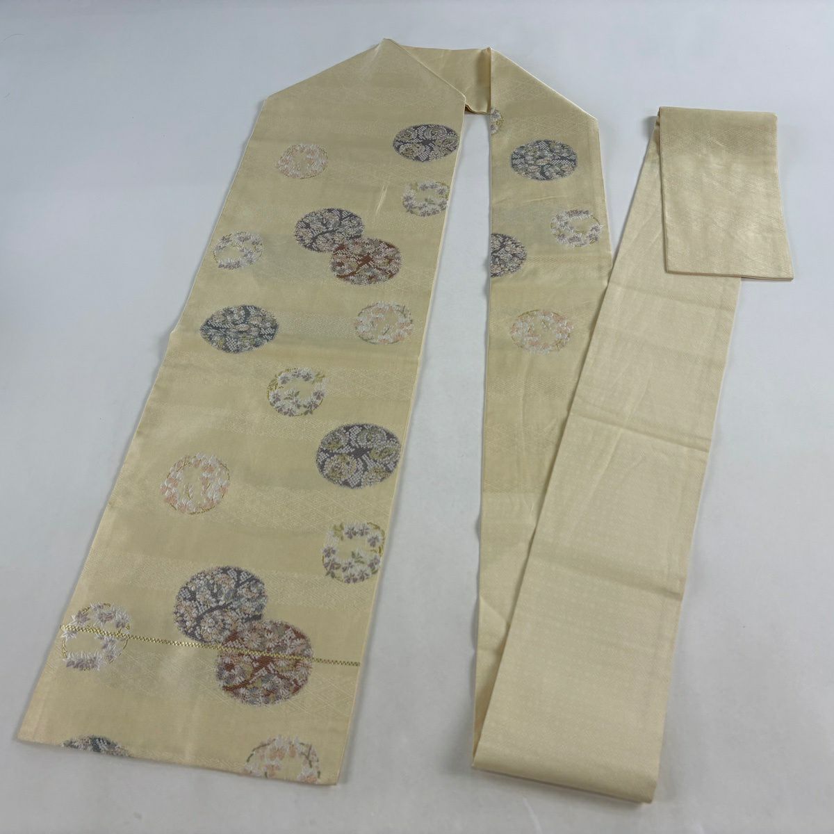 名古屋帶 秀品級 花丸紋 金絲 米色 純蠶絲