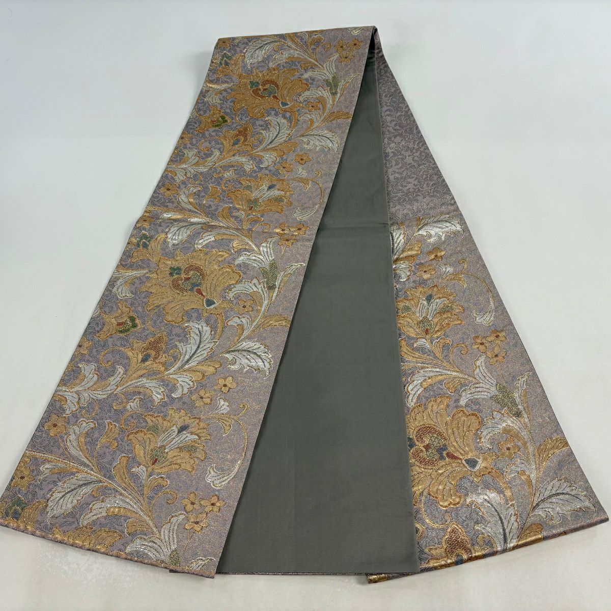 【美品】 袋帶 秀品級 草花紋紋 金金箔 灰紫 六通 純蠶絲