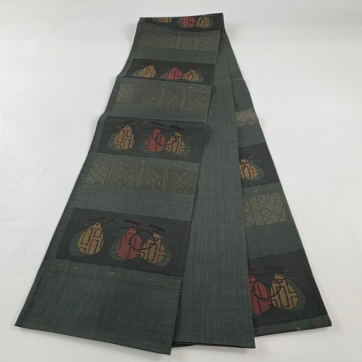 【美品】 袋帶 秀品級 生物 縞 深綠 六通 純蠶絲