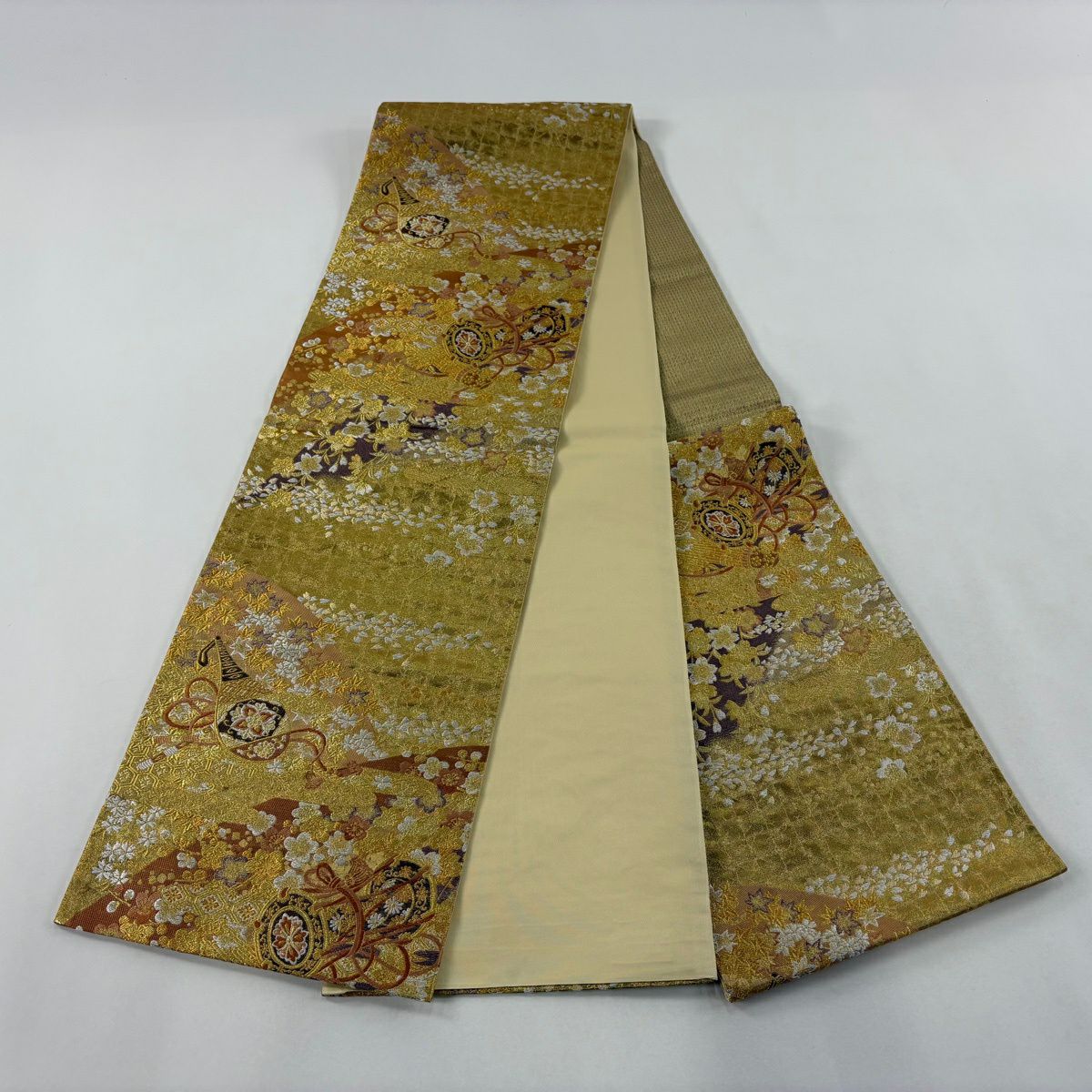 【美品】 袋帶 秀品級 鼓 枝花 刺繡 金絲 金 六通 純蠶絲