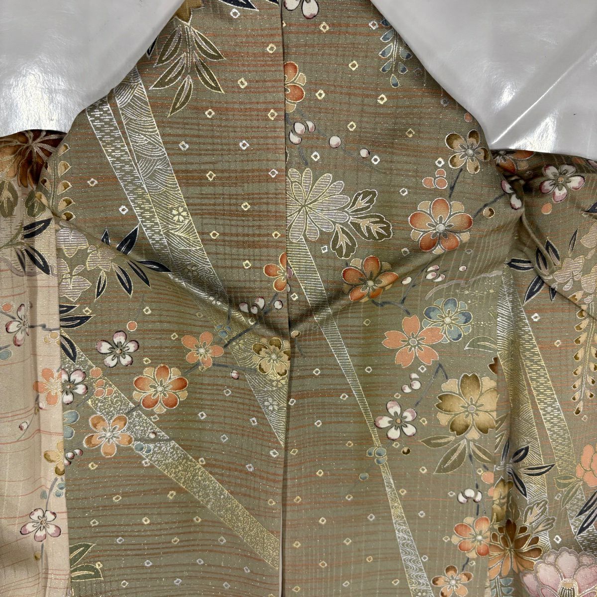 小紋 身長165.5cm 袖長66cm M 雙層 大和 雪輪 椿 金銀彩 金金箔 灰綠 純蠶絲 秀品級