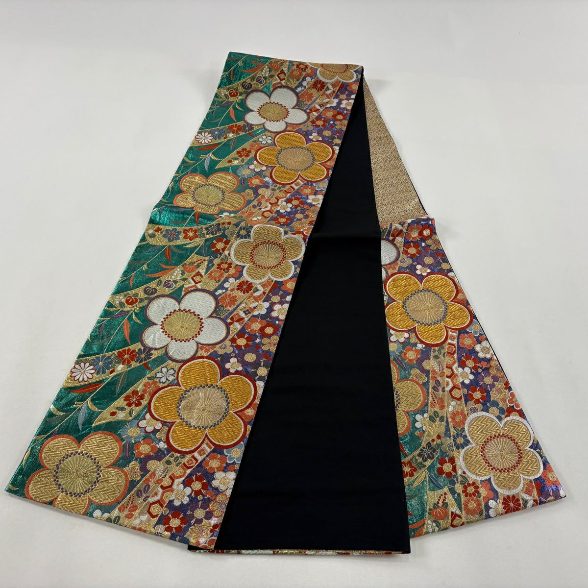 袋帶 秀品級 梅花 熨斗紋 刺繡 金絲 綠 六通 純蠶絲