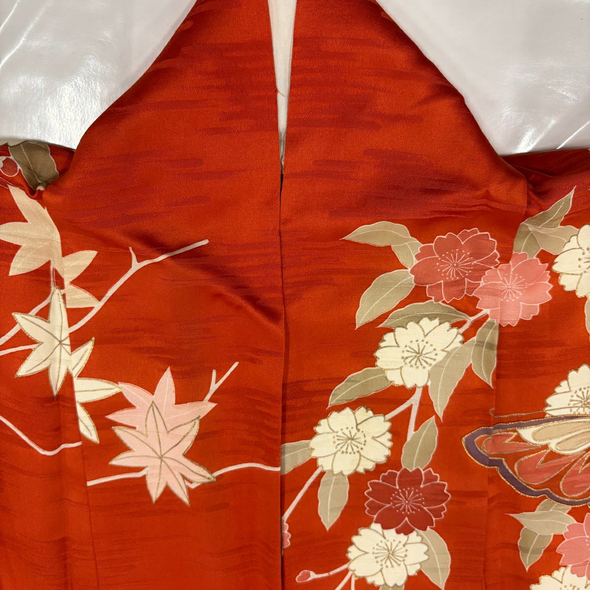 振袖禮服 身長168.5cm 袖長67.5cm L 單層 草花紋紋 蝶 金絲 金銀彩 橙色 純蠶絲 優品級
