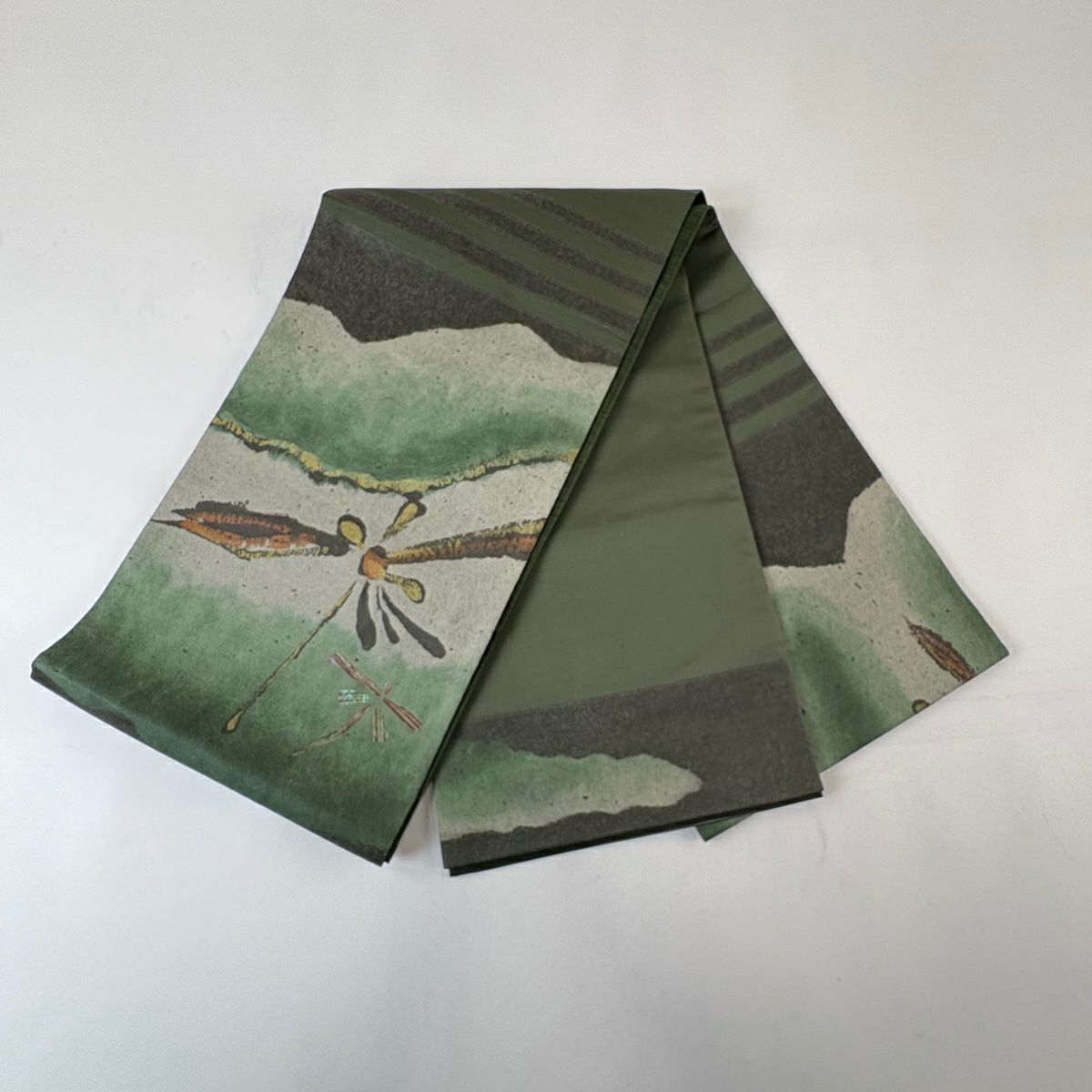 【美品】 袋帶 秀品級 螳螂 花 金金箔 彩 綠 お太鼓圖案 純蠶絲