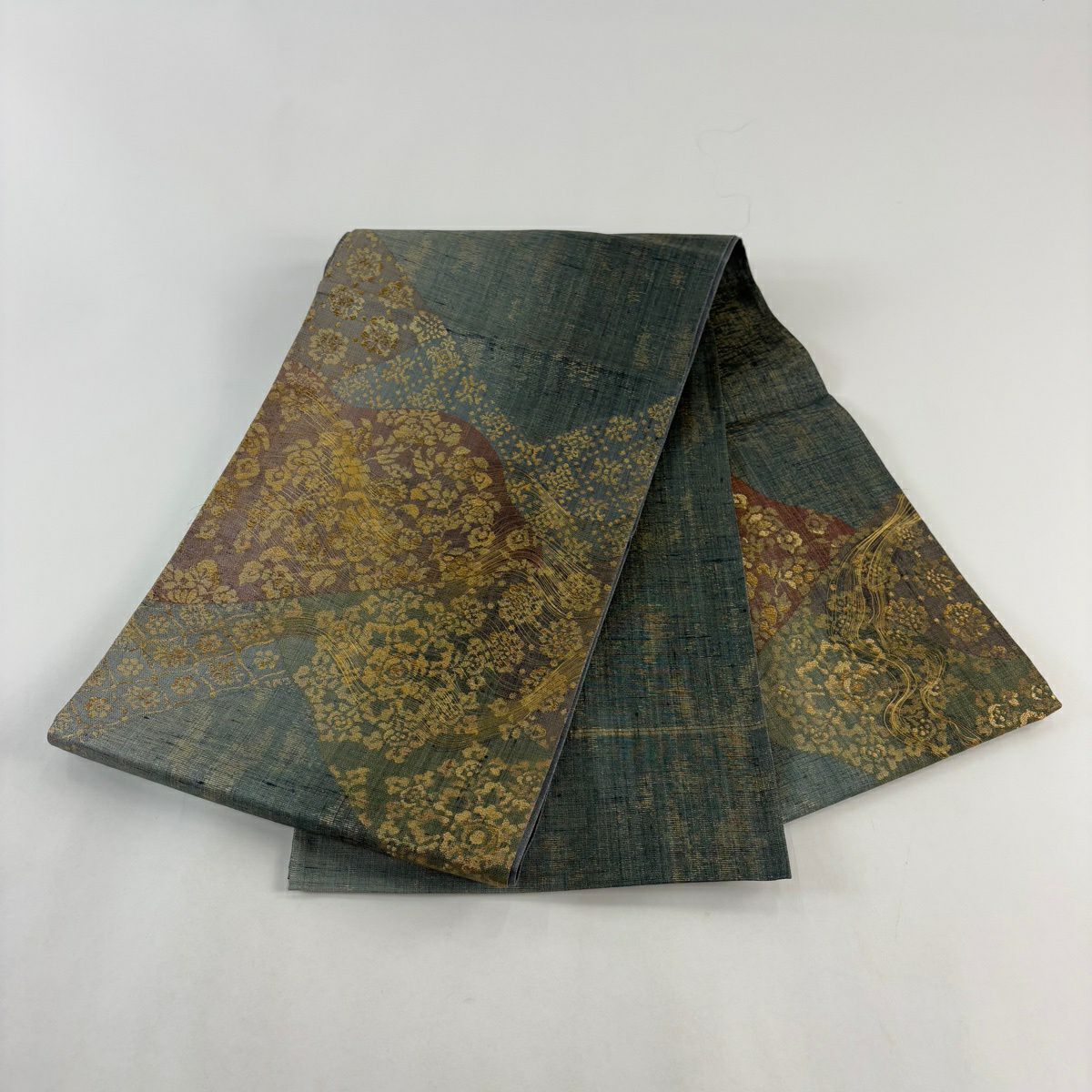 【美品】 袋帶 名品級 草花紋紋 金絲 金金箔 灰綠色 大鼓圖案 純蠶絲