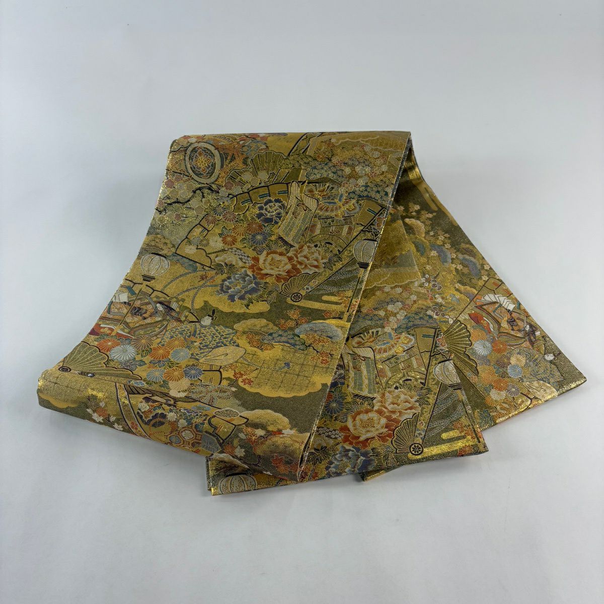【美品】 袋帶 名品級 桧扇子 神美術 金絲 金金箔 金色 大鼓圖案 純蠶絲