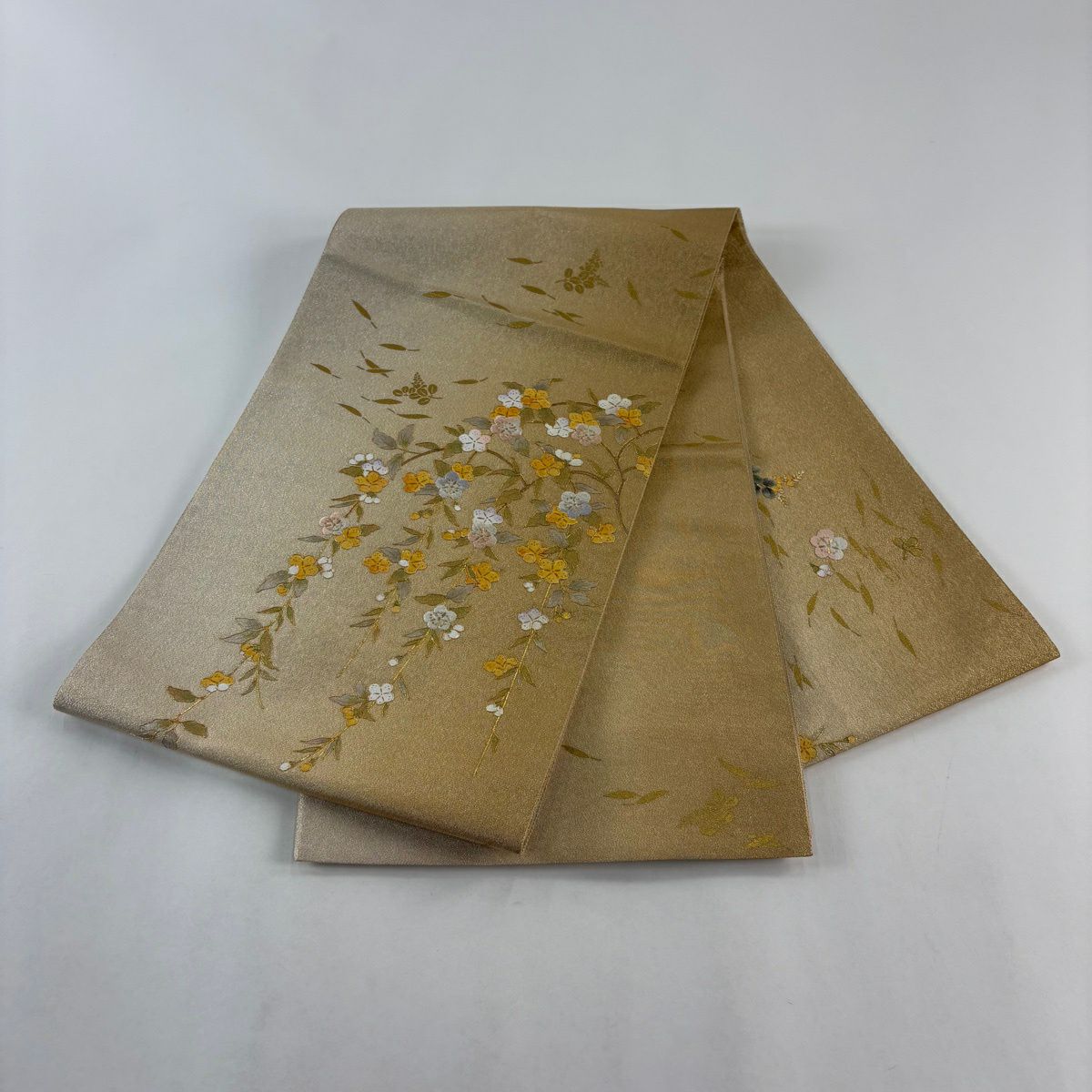 【美品】 袋帶 名品級 垂梅花葉紋 刺繡 金線 淺茶 細鼓紋 純蠶絲