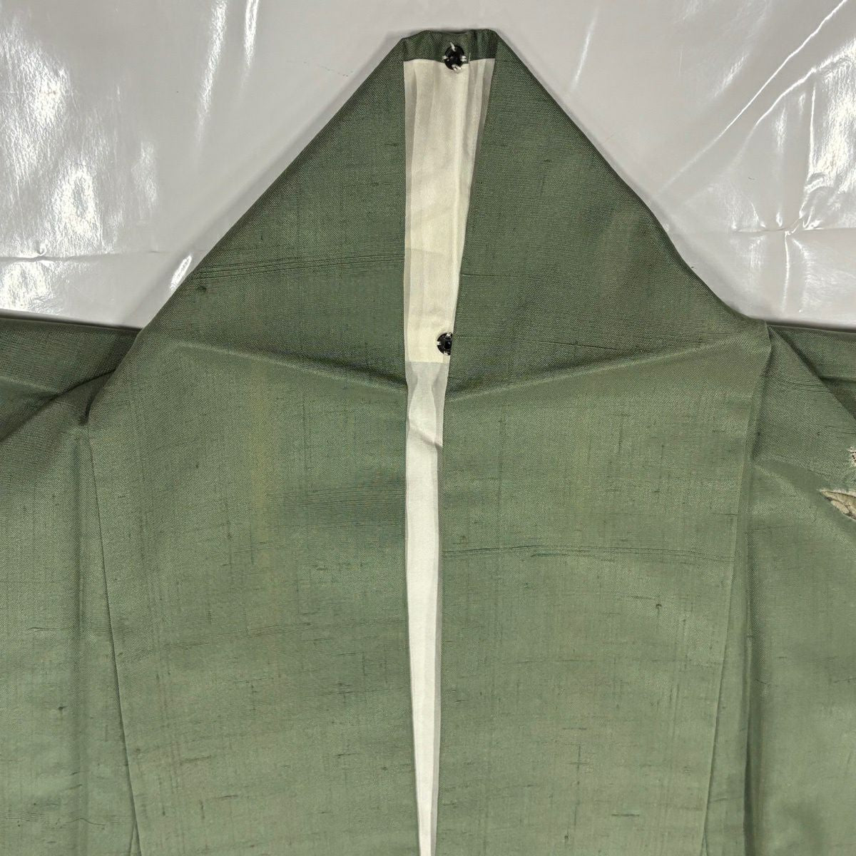 付下 身長158.5cm 袖長66cm M 雙層 紬織織 草花紋紋 麻葉 絞染 刺繡 艾草色 純蠶絲 名品級