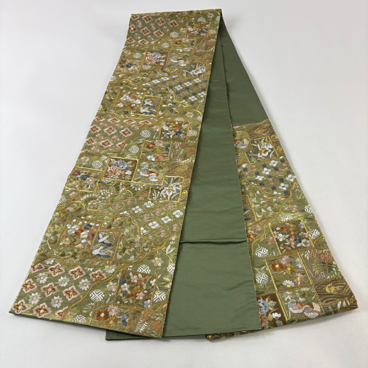 袋帶 逸品級 色紙 花鳥 刺繡 金線 艾草綠 六通 純蠶絲
