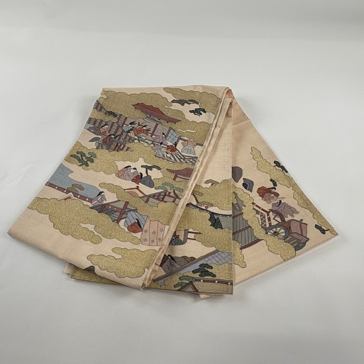 【美品】 袋帶 逸品級 人物 雲紋 金絲 銀絲 米色 大鼓圖案 純蠶絲