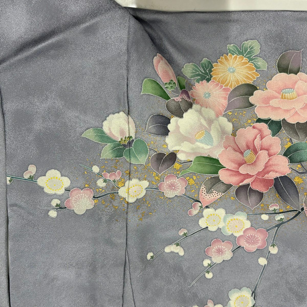 訪問服 身長169.5cm 袖長69cm L 雙層 草花紋紋 鴛鴦 金銀彩 漸層 灰紫 純蠶絲 名品級