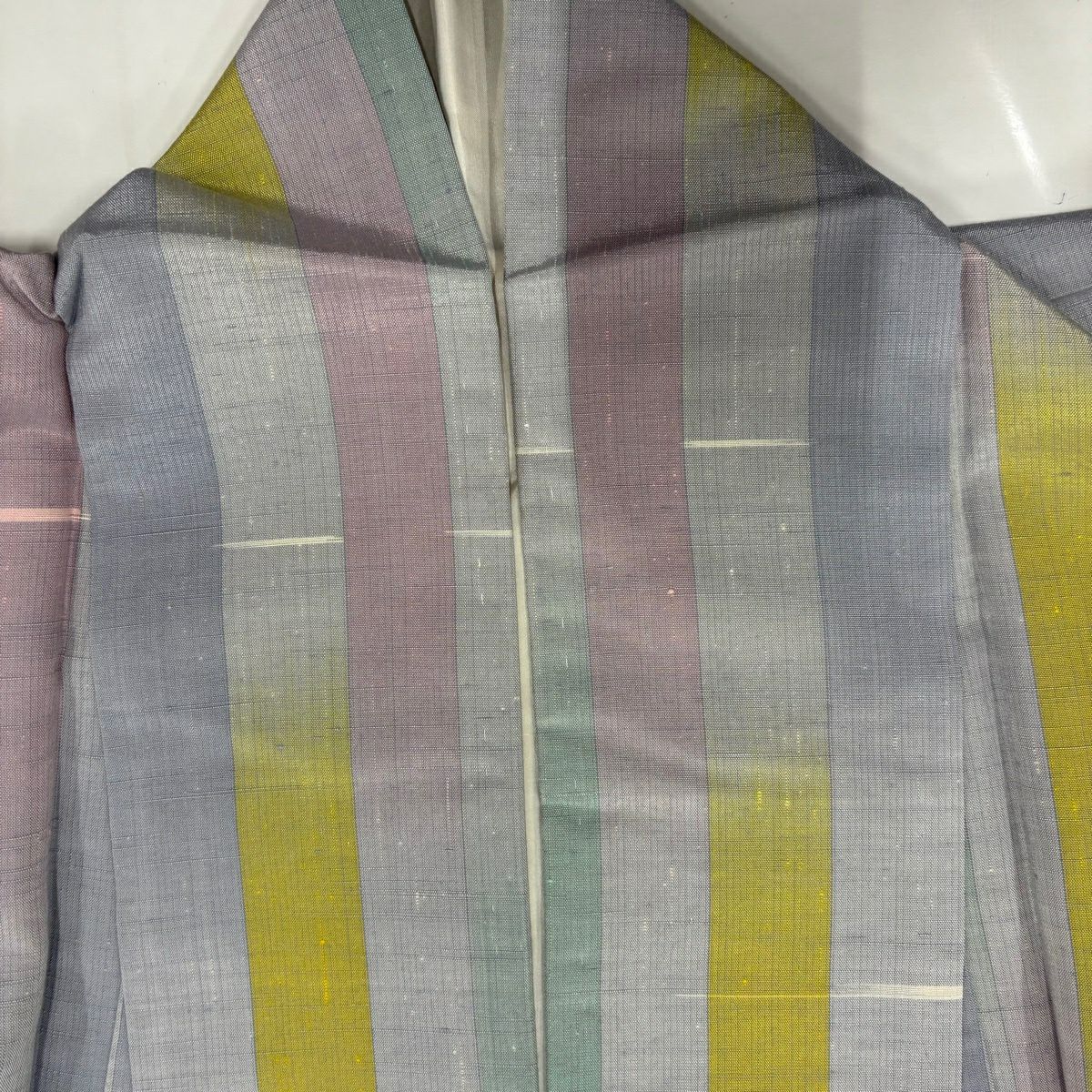 【美品】 紬織 身長161.5cm 袖長65cm M 雙層 縞紋 漸層圖案 青灰 純蠶絲 名品級