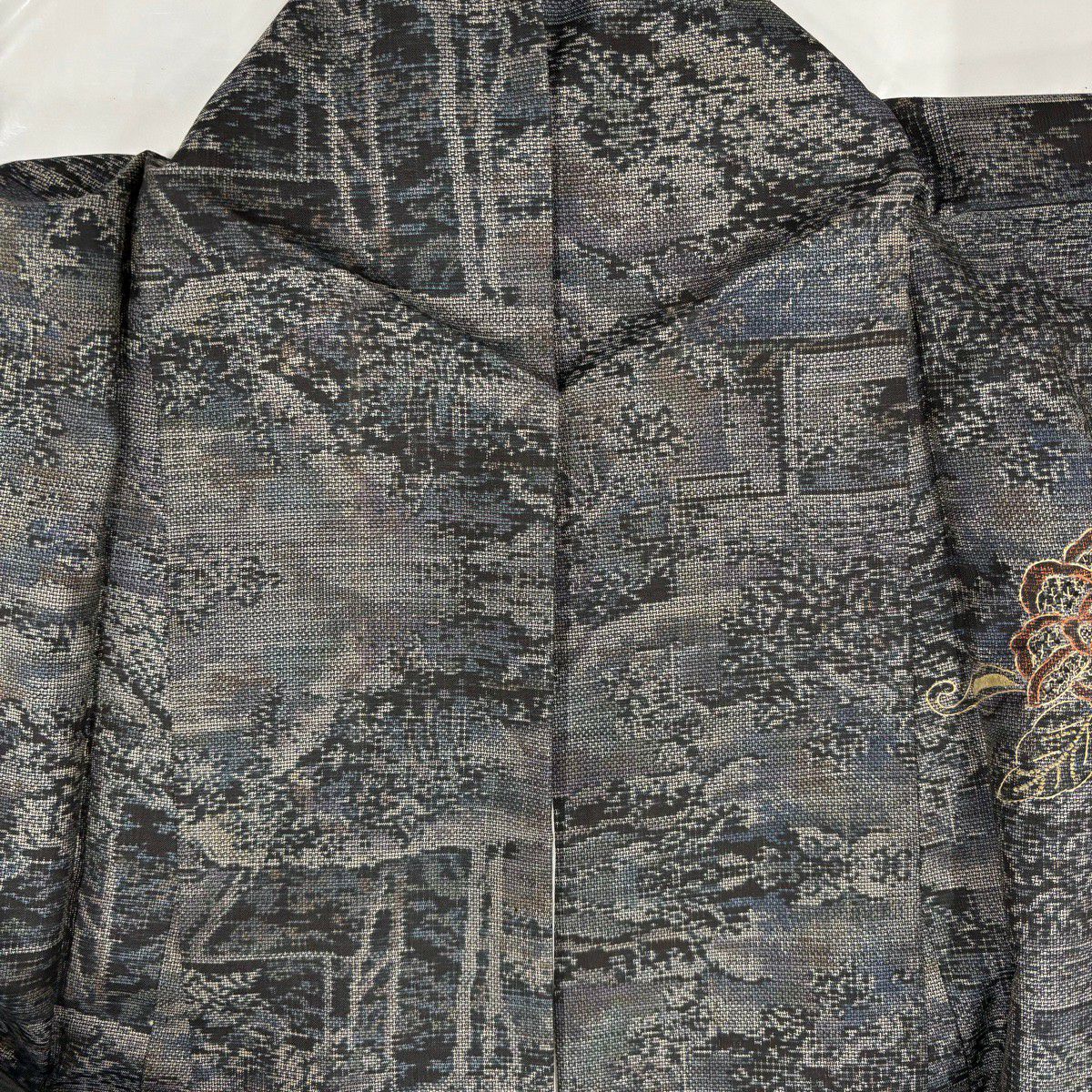 【美品】 付下 身長159cm 袖長66cm M 雙層 紬織織 花唐草紋 鳥 刺繡 灰綠 純蠶絲 名品級