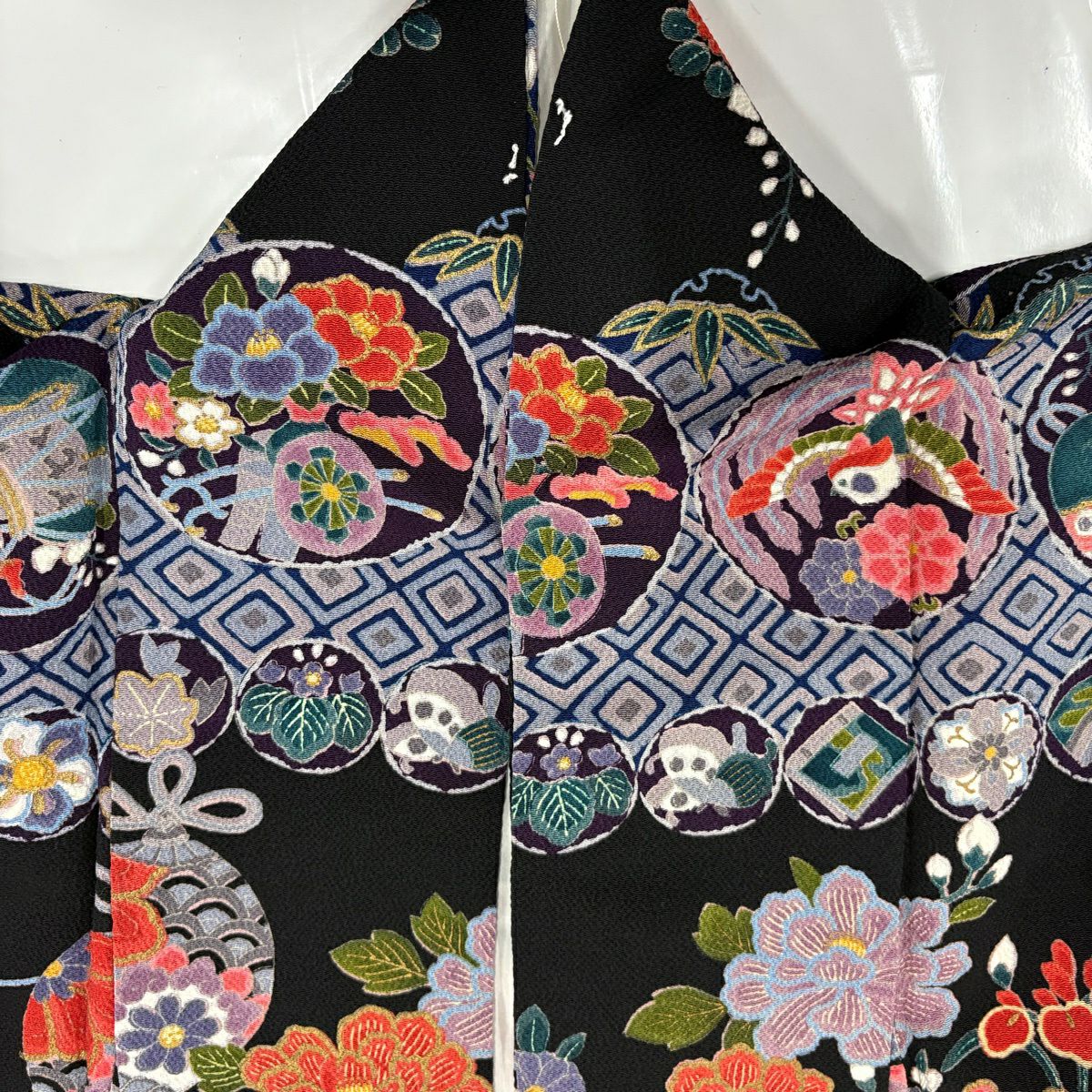 訪問服 身長159.5cm 袖長63cm S 雙層 寶盡くし 草花紋紋 金銀彩 絞織 黑 純蠶絲 名品級