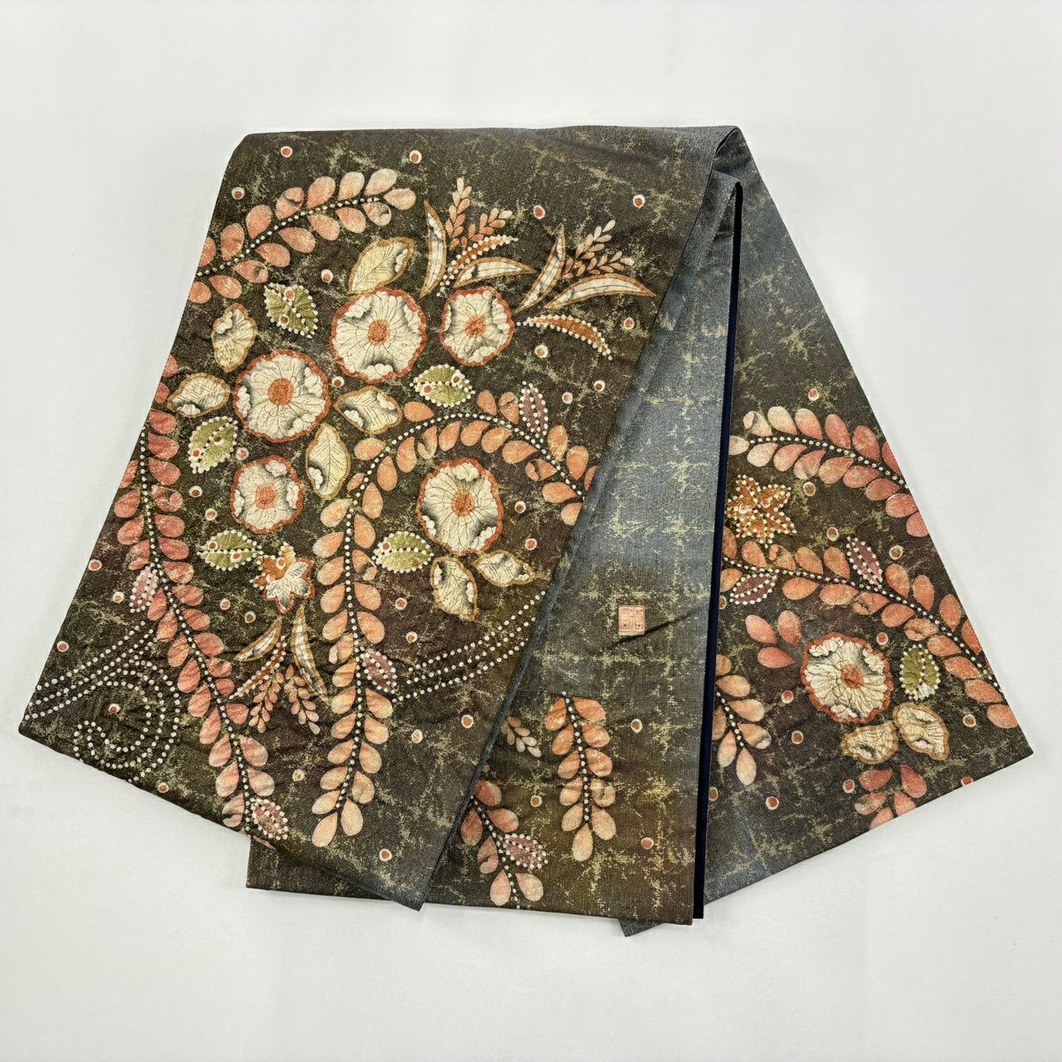 【美品】 袋帶 名品級 辻花染 金金箔 茶綠 お太鼓圖案 純蠶絲