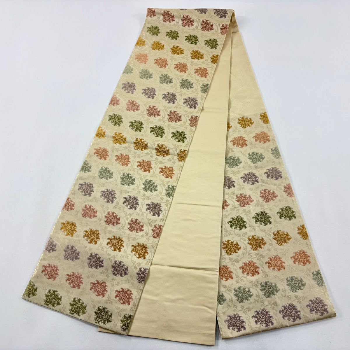 【美品】 袋帶 名品級 金金箔屋清兵衛 落款 花唐草紋 金金箔 米色 六通 純蠶絲