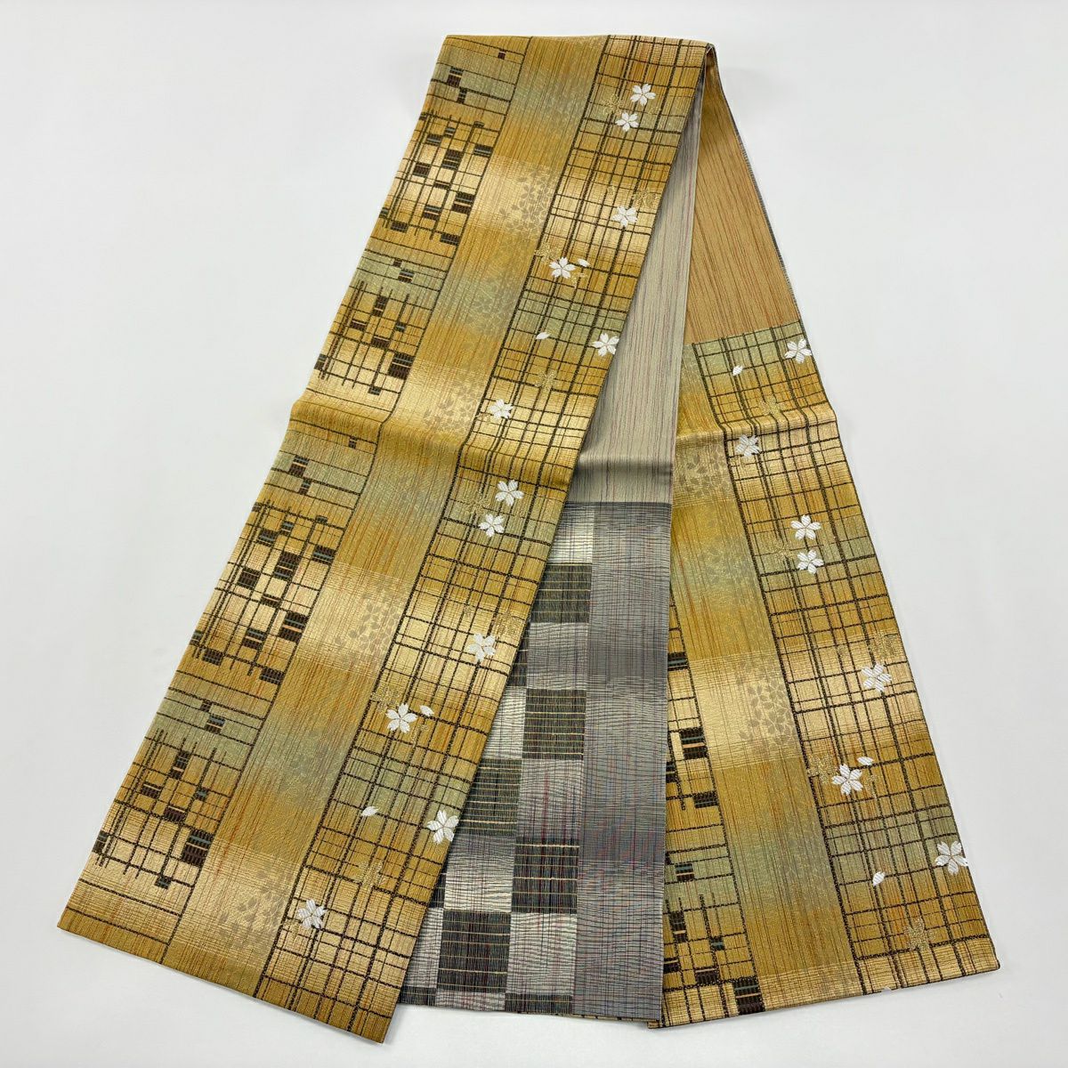 【美品】 袋帶 名品級 格子 樱花 金絲 金金箔 淺茶 六通 純蠶絲