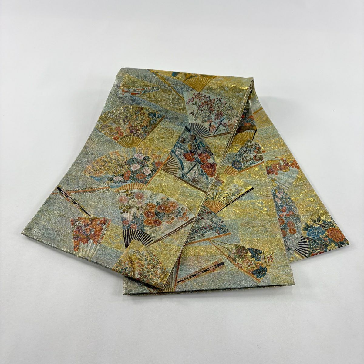 【美品】 袋帶 名品級 琳派三十六華扇子 扇子 草花紋 金金箔 金糸 灰綠 全通 純蠶絲