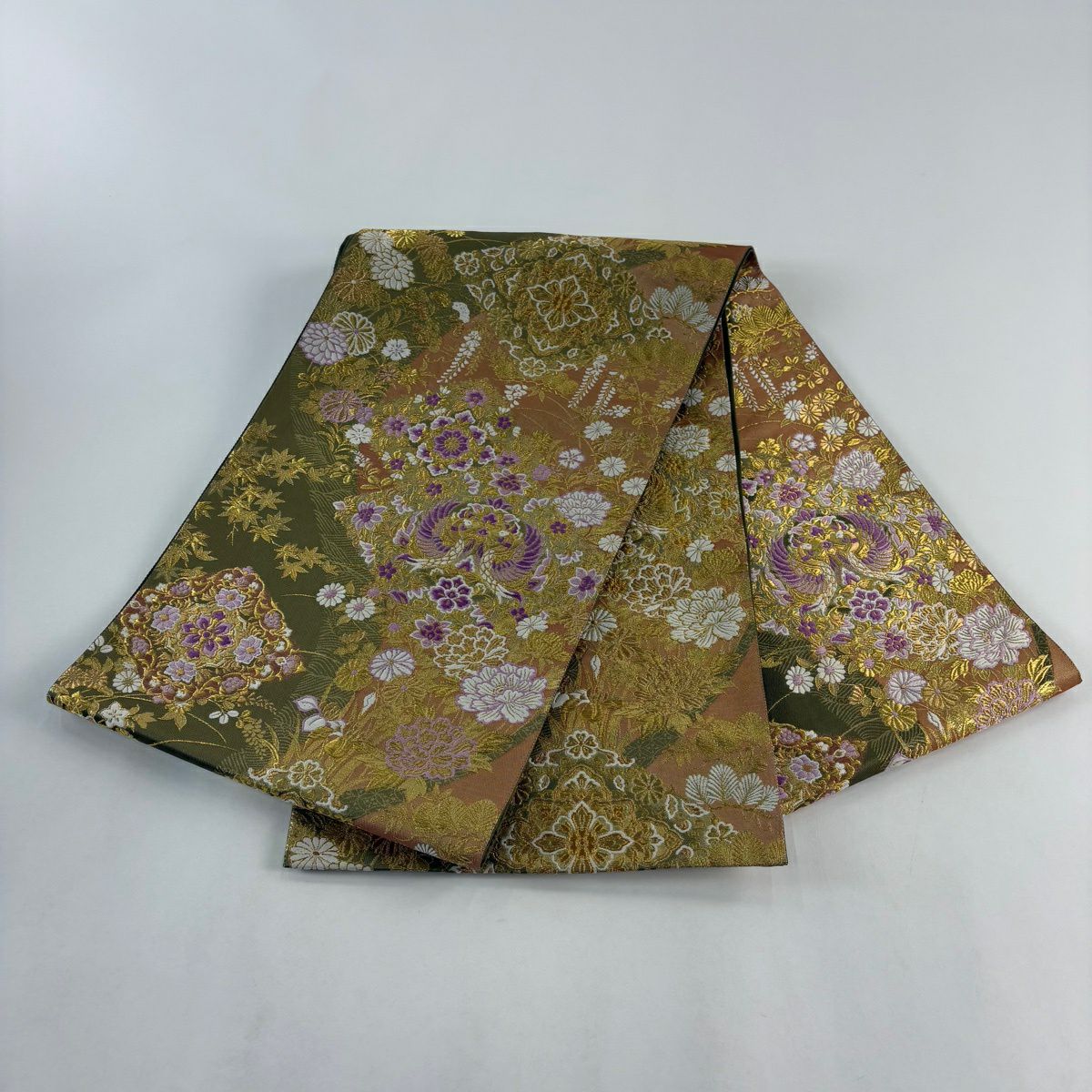 【美品】 袋帶 名品級 じゅらく 落款あり じゅらく帝王紫 鳳凰 草花紋 金糸 金金箔 鶯 綠 お太鼓柄 純蠶絲