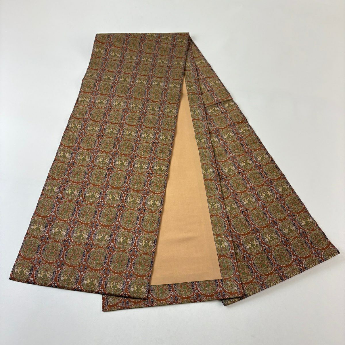 【美品】 開口名古屋帶 名品級 龍村美術織物 比翼仕立 雲紋白虎朱雀錦 紅茶 純蠶絲