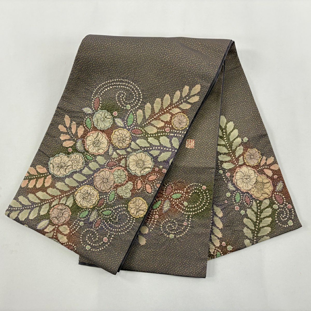 【美品】 袋帶 名品級 落款あり 辻花染 金金箔 金通 灰紫 お太鼓柄 純蠶絲