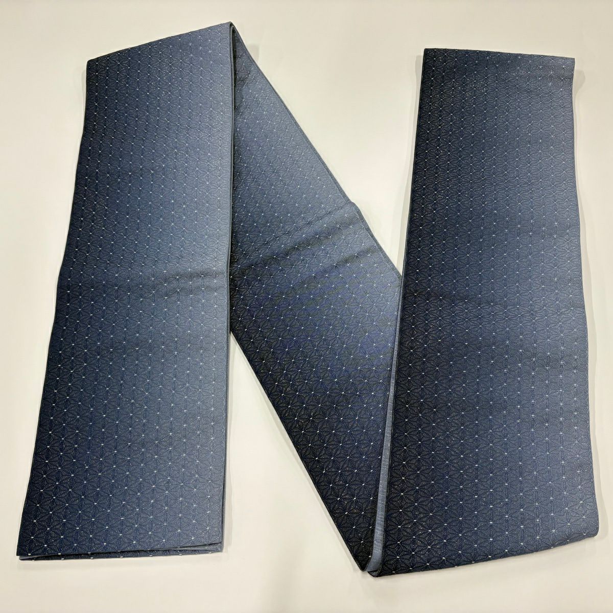 【美品】半幅帶 優品級 麻葉圖案 拉麵線 漸層 青灰 化纖