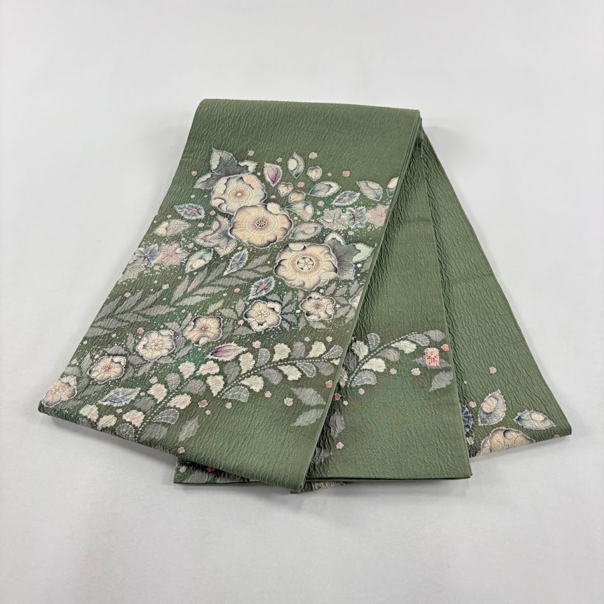 【美品】 袋帶 名品級 翠山工房 有落款 辻花染 灰綠 お太鼓圖案 純蠶絲