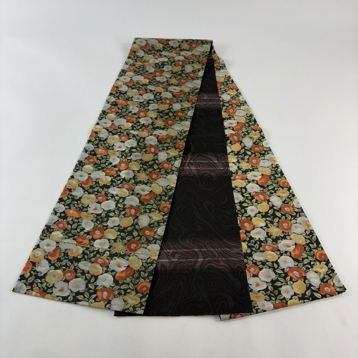 【美品】 袋帶 名品級 椿 墨 黑 全通 純蠶絲