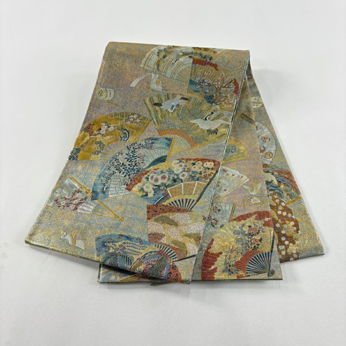 【美品】 袋帶 名品級 落款あり 徳川美術館秘藏 扇子 花鳥 金絲 金金箔 金色 大鼓圖案 純蠶絲
