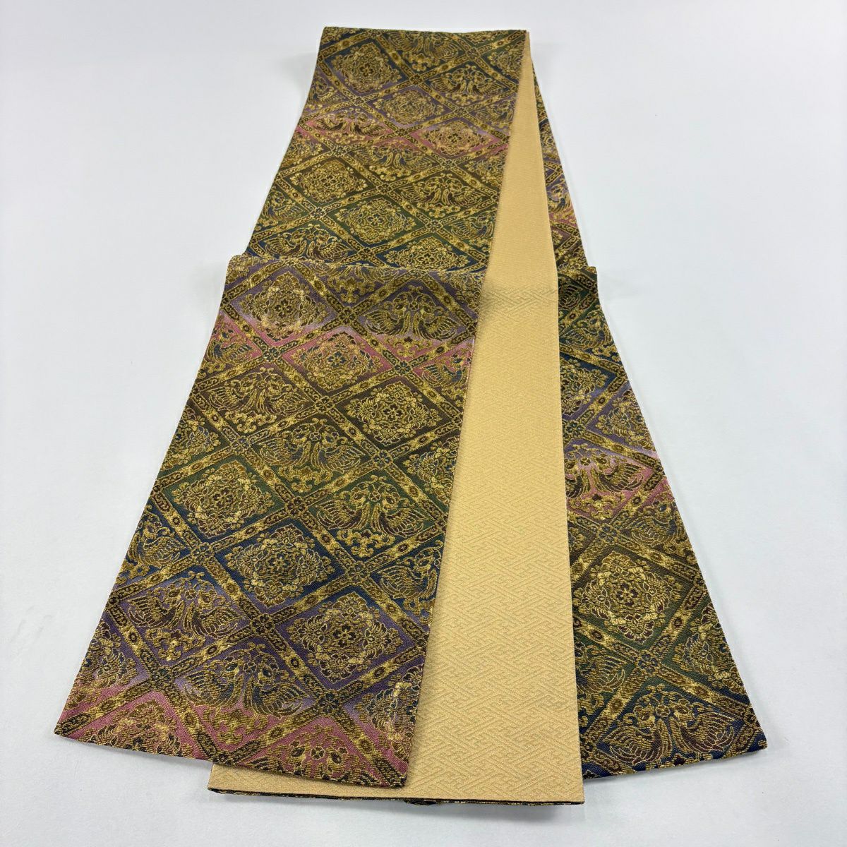 【美品】 袋帶 名品級 斜格子 花鳥 金金箔 輪奈織 金色 全通 純蠶絲