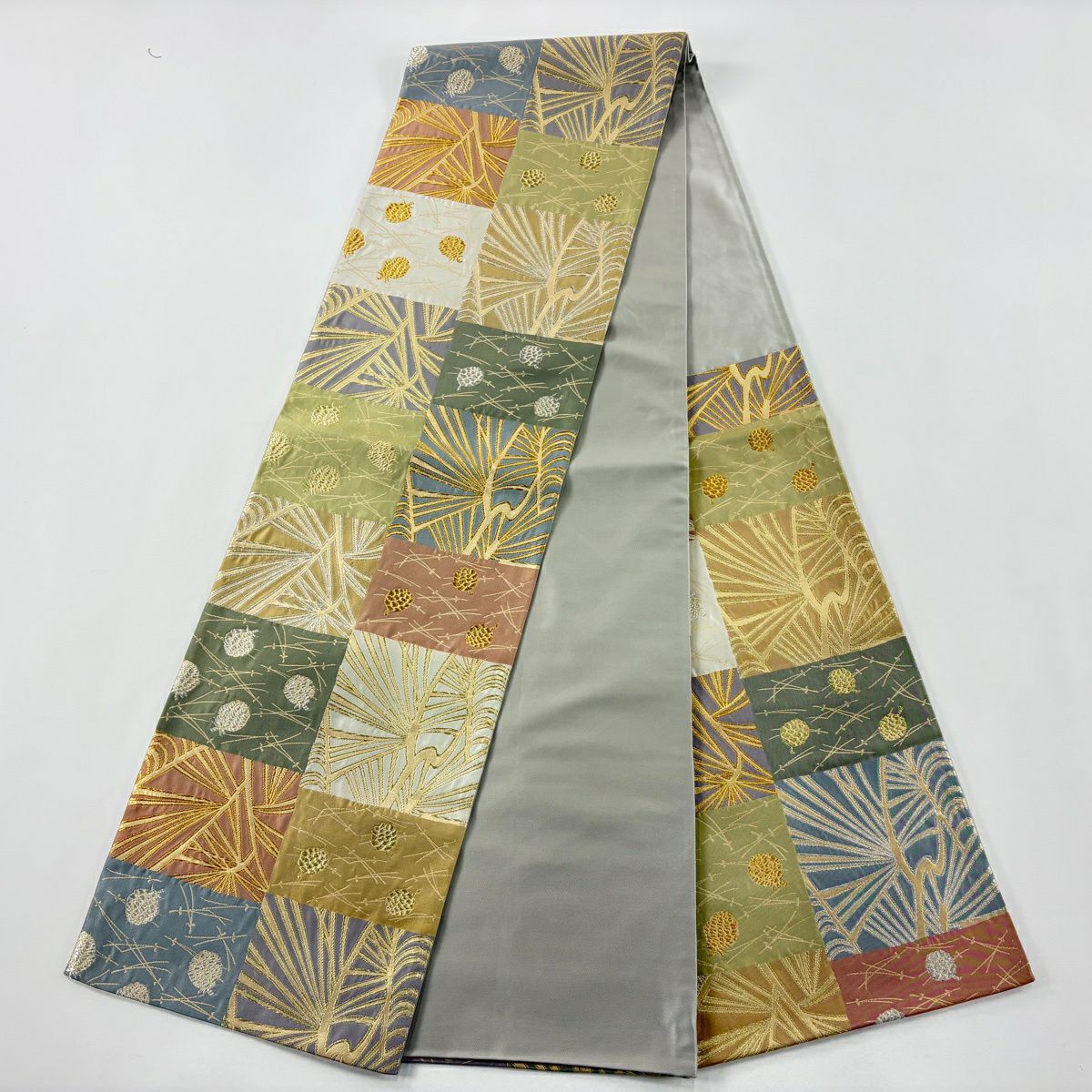 【美品】 袋帶 名品級 祥園 落款あり 松樹笠 松樹葉 金銀彩 金金箔 青灰 深藍色 六通 純蠶絲