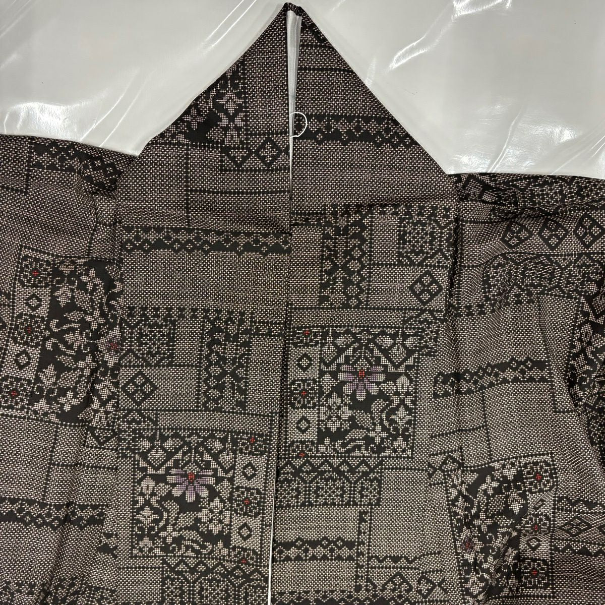 【美品】 紬織 身長158cm 袖長64.5cm M 雙層 色紙 草花紋紋 焦茶 純蠶絲 秀品級