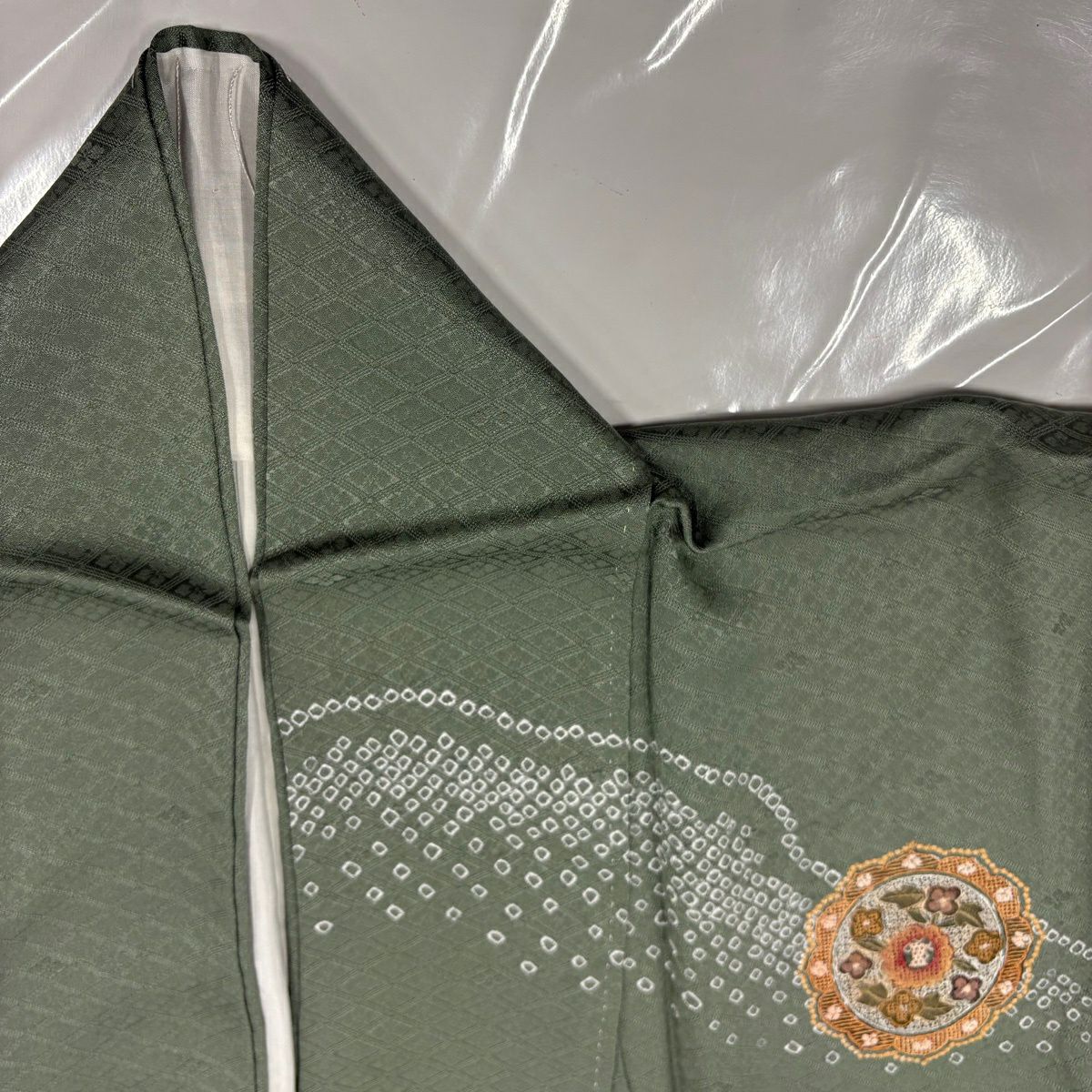 【美品】訪問服 身長158cm 袖長66.5cm M 雙層 華紋 草花紋紋 刺繡 灰綠 純蠶絲 秀品級