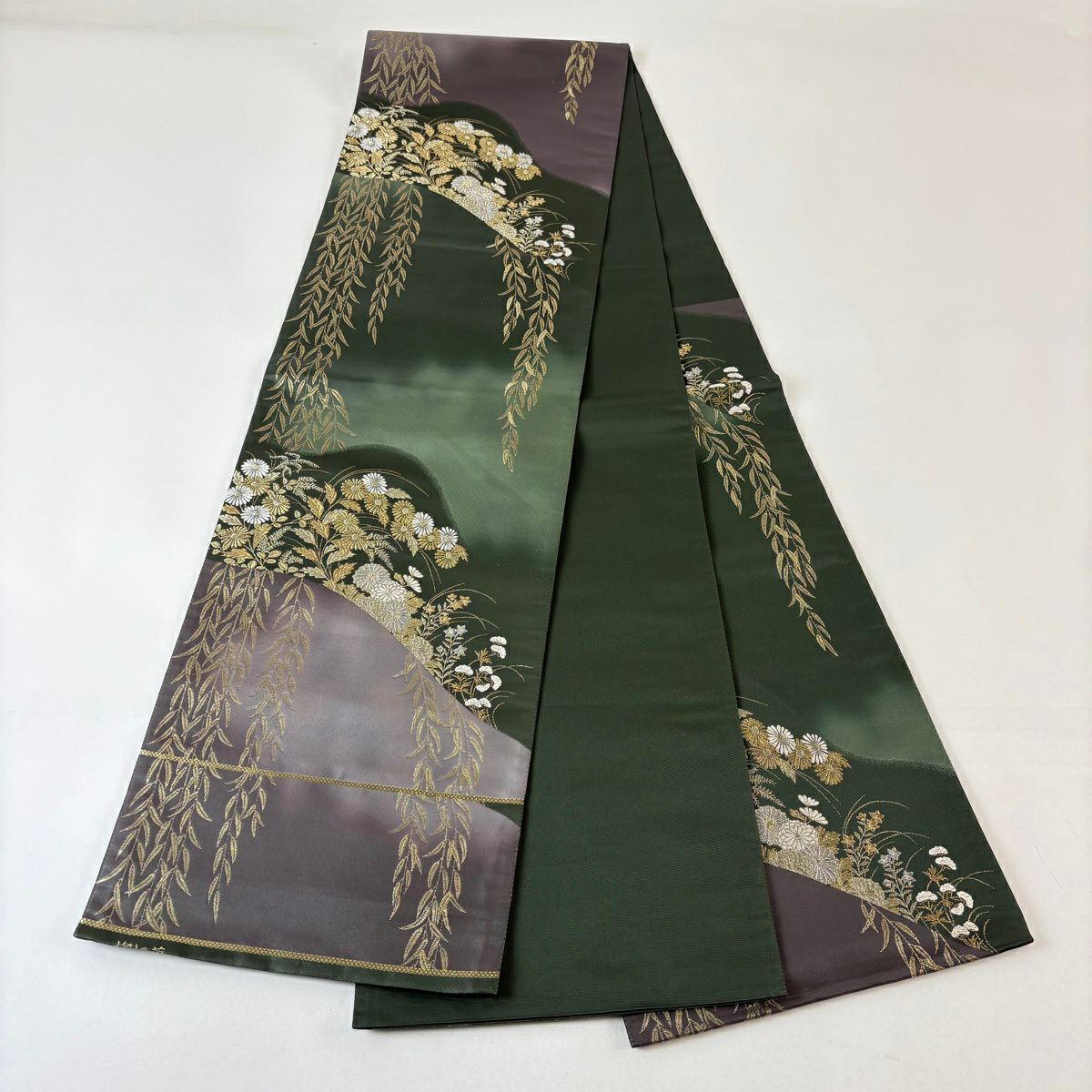 【美品】 袋帶 秀品級 關西仕立 雜菊花 金銀彩 金金箔 灰紫 六通 純蠶絲