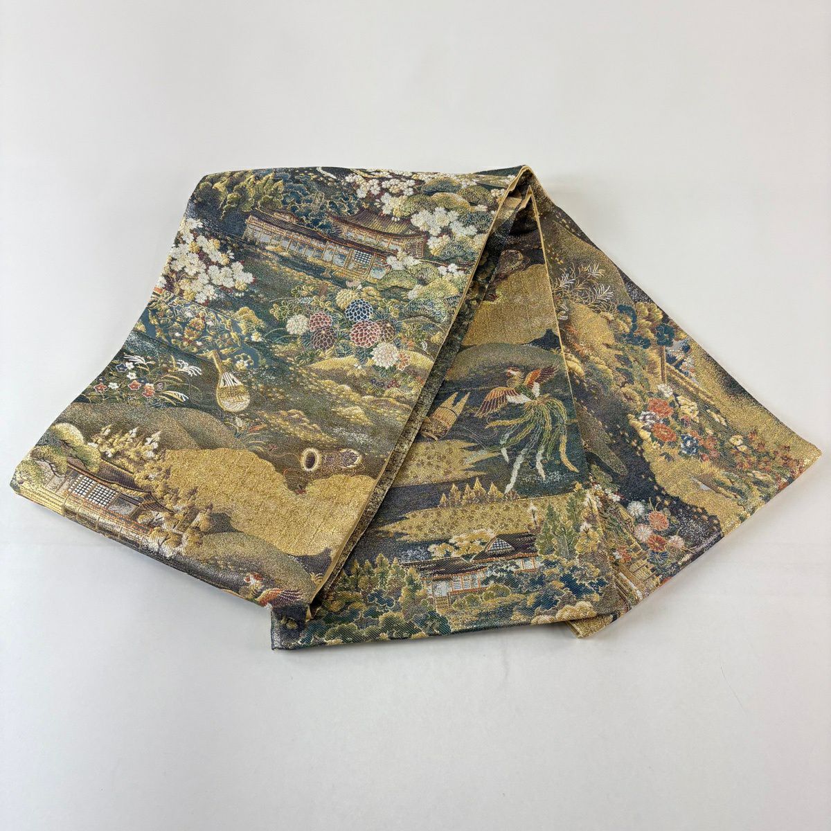【美品】 袋帶 秀品級 花鳥 風景 金絲 金金箔 金色 全通 純蠶絲