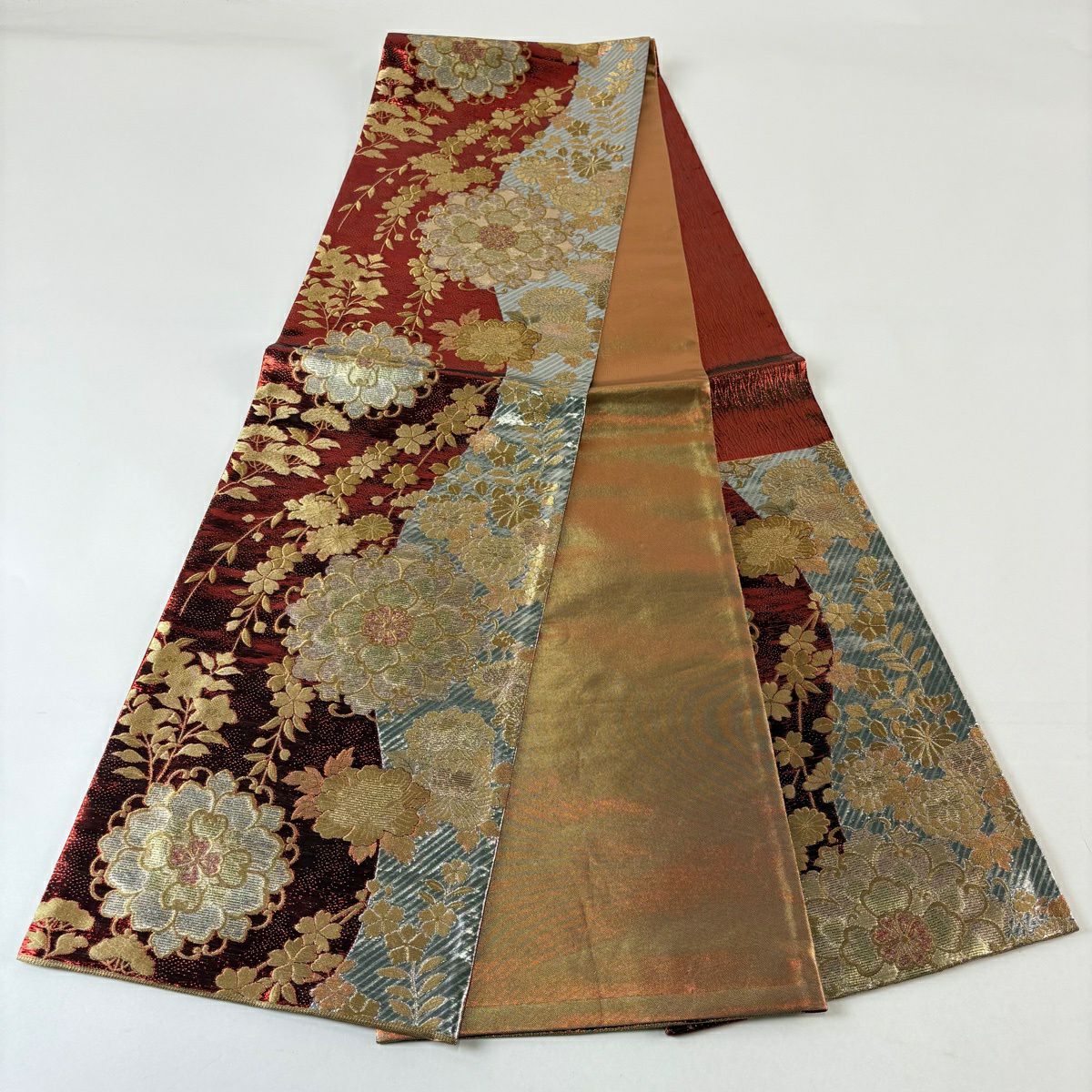 【美品】 袋帶 秀品級 振袖禮服禮服用 牡丹 垂枝櫻 金絲 金金箔 紅 六通 純蠶絲