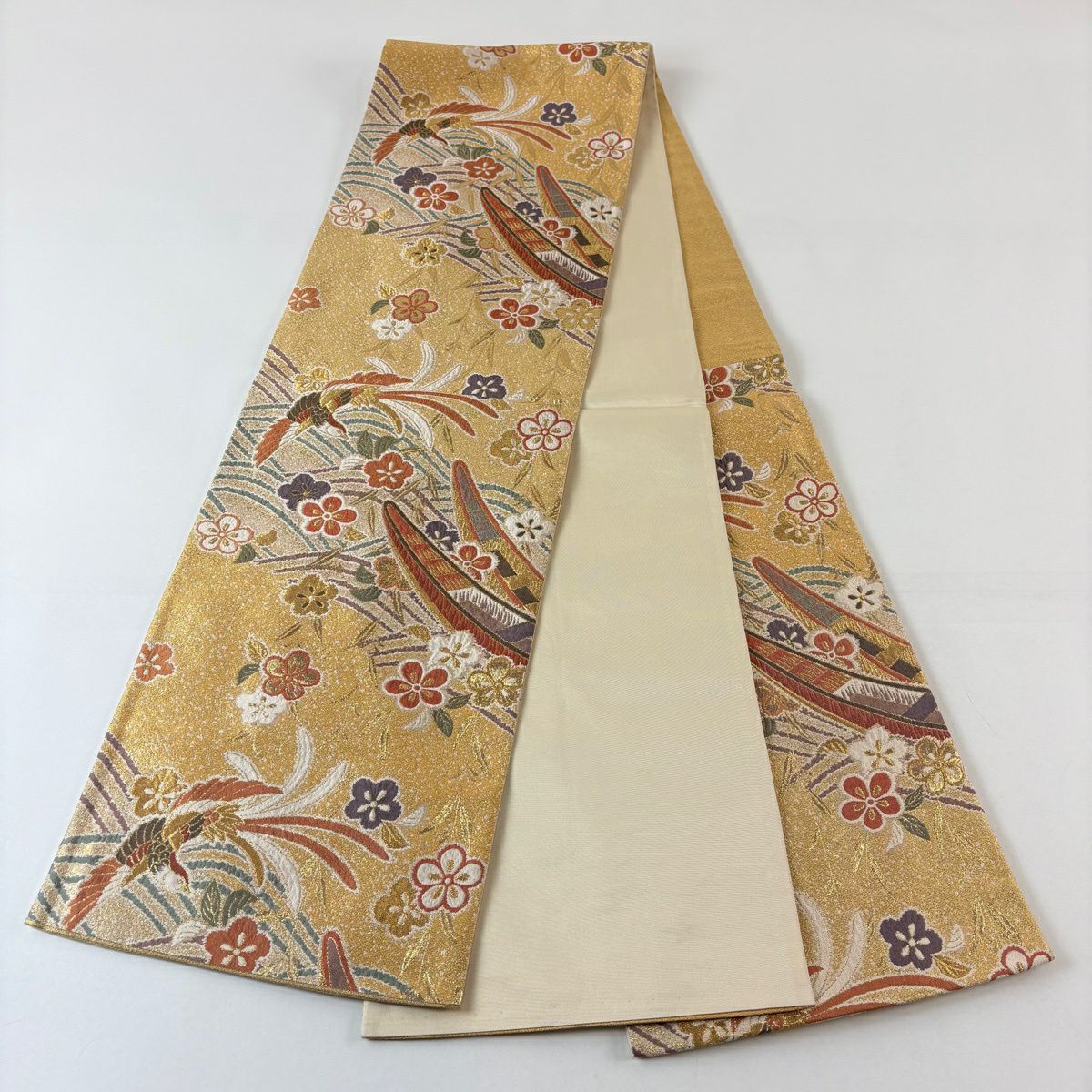 【美品】 袋帶 秀品級 尾長鳥 梅花 金絲 金金箔 山吹 深黃 六通 純蠶絲