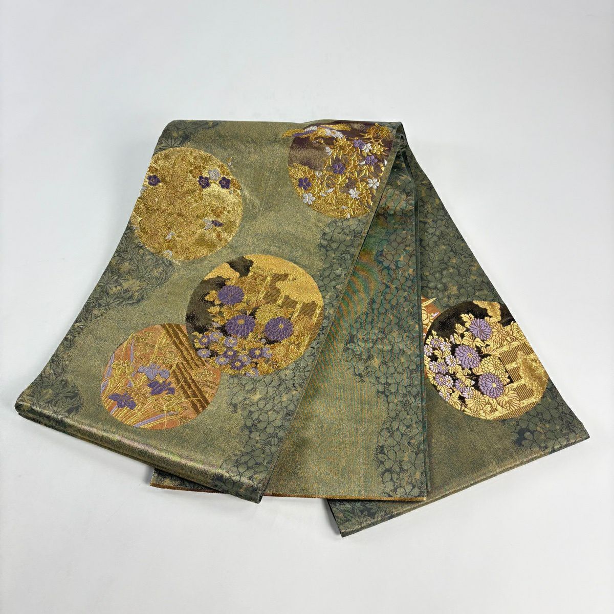 【美品】 袋帶 秀品級 圓文 草花紋 金糸 金金箔 鶯色 大鼓圖案 純蠶絲