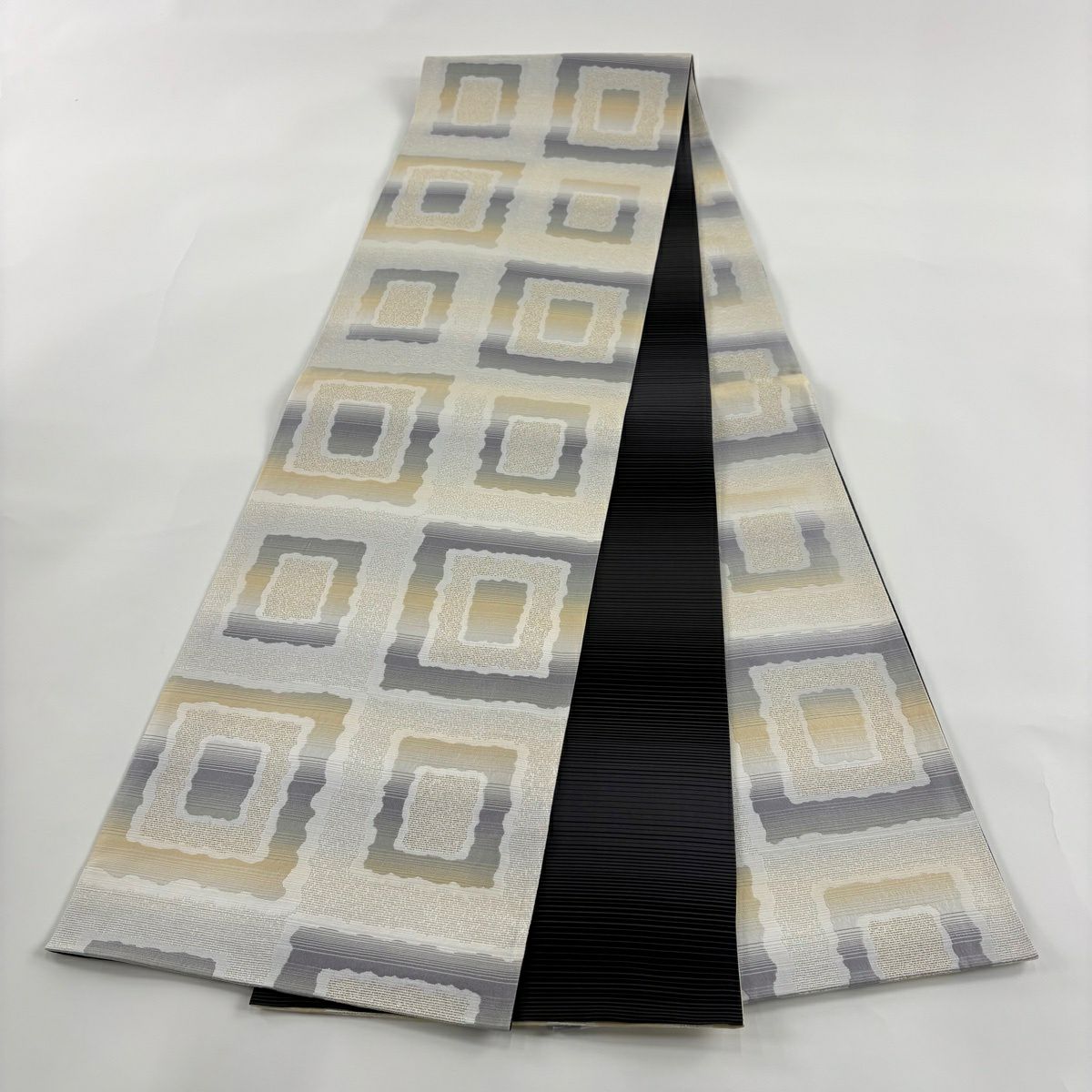 【美品】 袋帶 秀品級 幾何圖案 條紋 金絲 奶油色 全通 純蠶絲