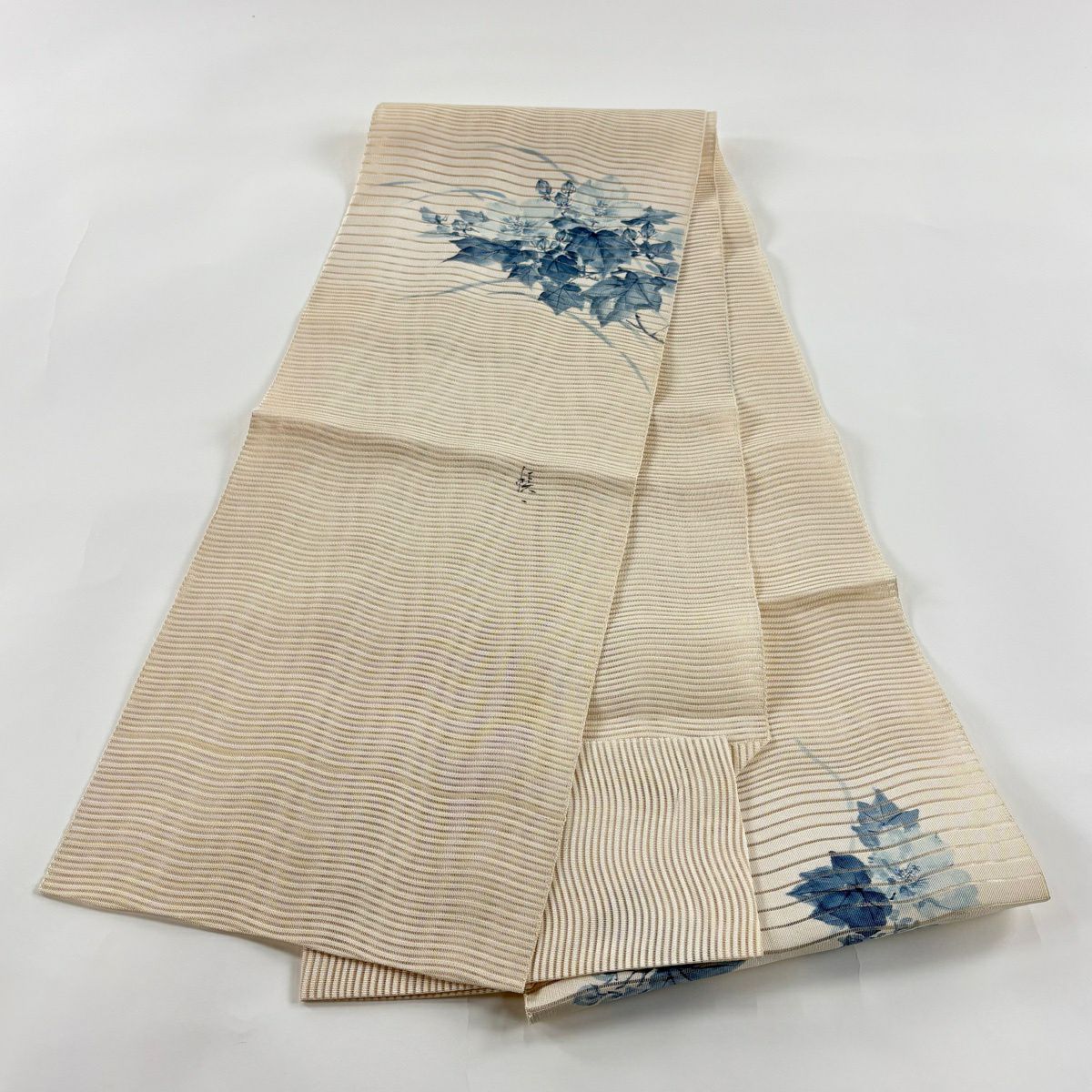 名古屋帶 秀品級 夏帶 絽 八寸名古屋帶 松樹葉仕立 枝花 奶油色 純蠶絲