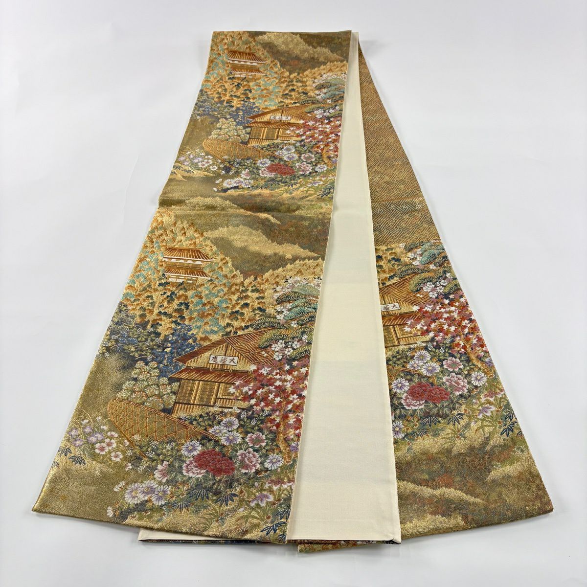 【美品】 袋帶 秀品級 京洛百景 金絲 金金箔 金色 六通 純蠶絲