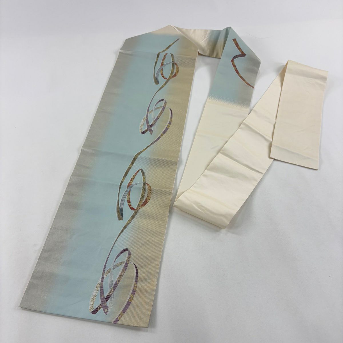 【美品】 名古屋帶 秀品級 蔓帶 文字 金絲 金金箔 水藍 純蠶絲