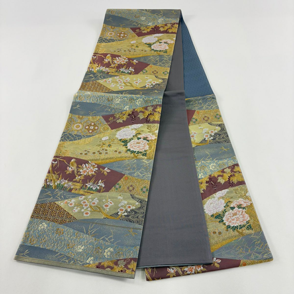 【美品】 袋帶 秀品級 關西仕立 雜紙花鳥紋 金糸 金金箔 青灰 六通 純蠶絲