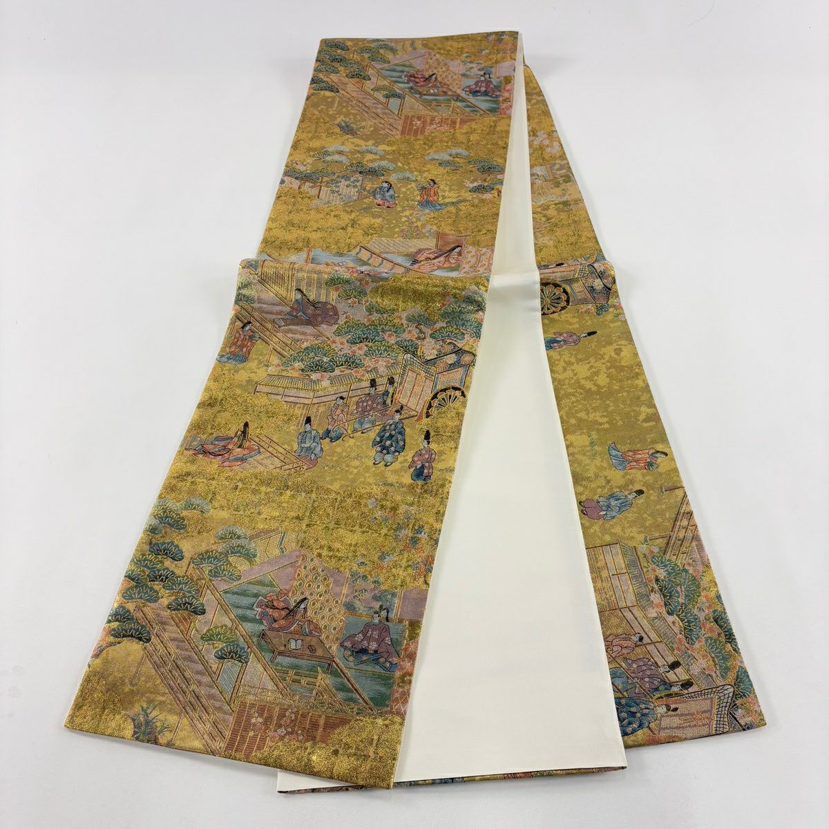 【美品】 袋帶 秀品級 御所風景 人物 金金箔 金色 大鼓圖案 純蠶絲