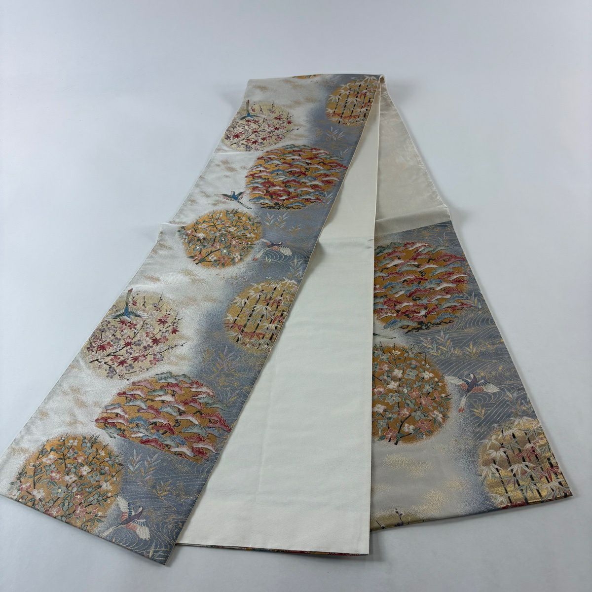 袋帶 秀品級 松樹竹子梅花 鳥 金糸 金金箔 灰 深藍 六通 純蠶絲