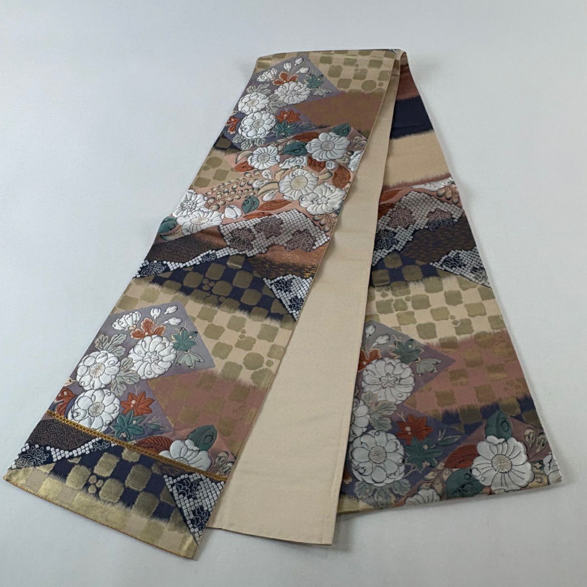 【美品】 袋帶 秀品級 關西仕立 辻花染圖案 市松樹 金金箔 金絲 粉色 六通 純蠶絲