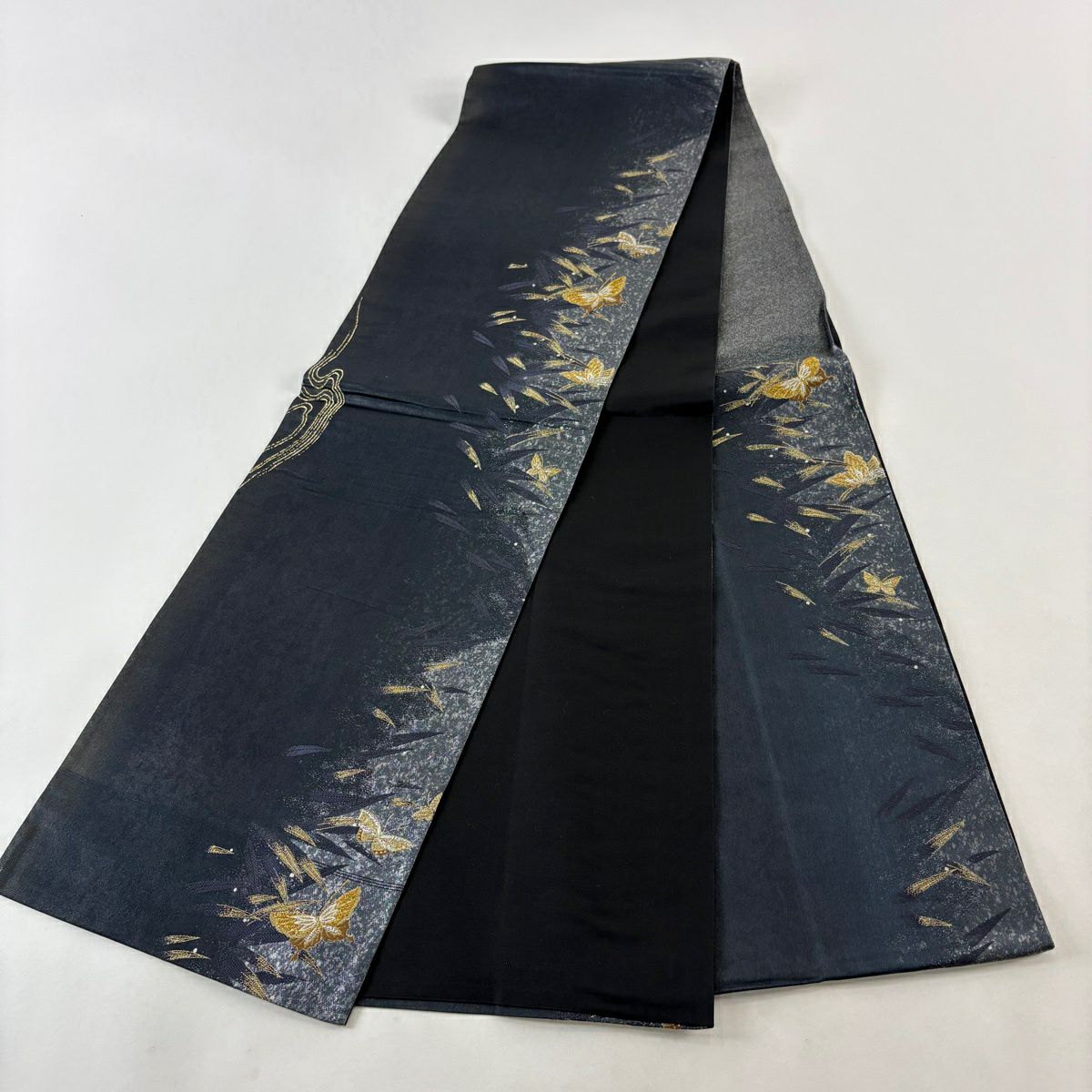 袋帶 秀品級 蝶 露草 金絲 金金箔 墨 深藍 六通 純蠶絲