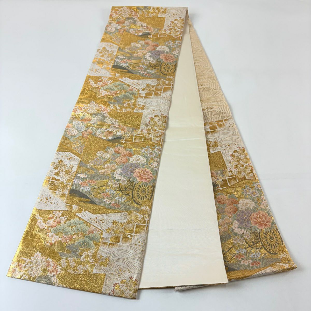 【美品】 袋帶 秀品級 花車 鴛鴦 金絲 金金箔 米色 六通 純蠶絲
