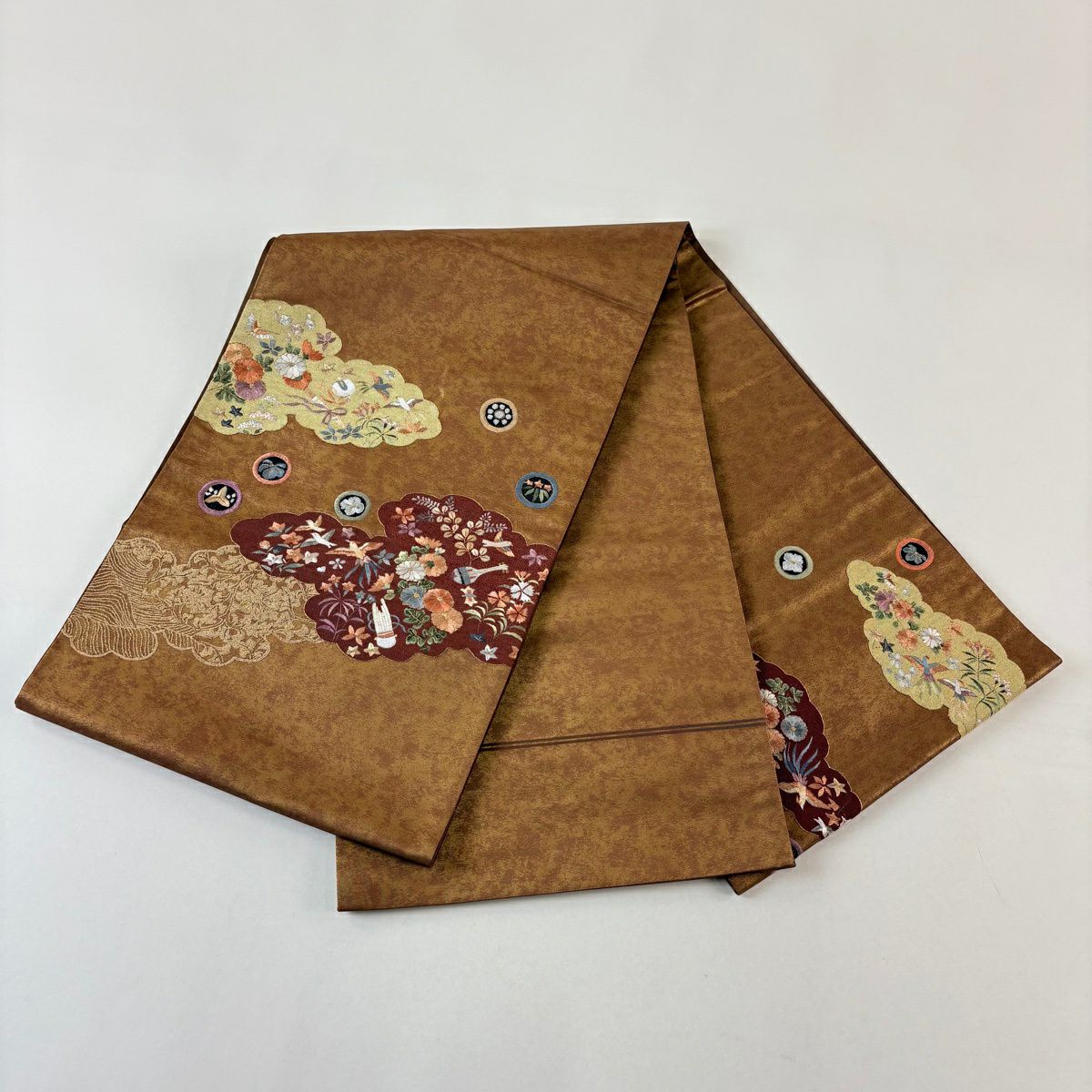 【美品】 袋帶 秀品級 花鳥 雲文 金絲 刺繡 茶 お太鼓圖案 純蠶絲